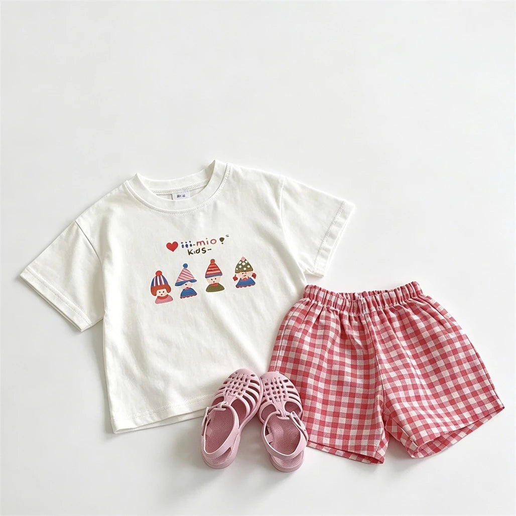 Pink Tshirts Black Shorts 2pcs Girls Printed T-shirt Versatile Shorts Lovely Tees Plaid Shorts Toddler New 2026 Summer Clothes