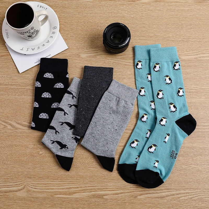 5 Pairs Men's Socks Cotton Business New Fashion Funny Sock With Print Animals Cartoon Middle Sock Male Casual Dresses Clothing