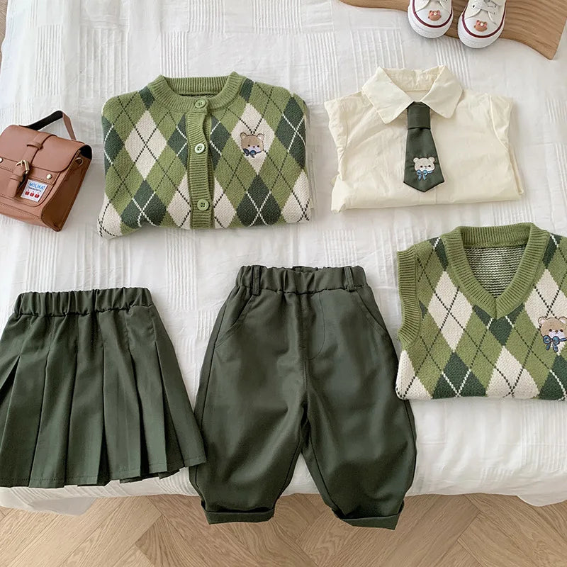 Kids Baby Girls Boys Cartoon Bear Knitted Sweater Coat,Vest,Tie Shirts,Solid Color Pants,Lleat Skirts Children Siblings Clothes