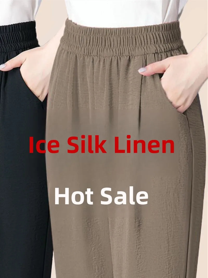 Ladies High Waist Ice Silk Hemp Thin Straight Leg Casual Pants Harlan Sle Nine Point Summer Trousers Pure Color Casual Wear