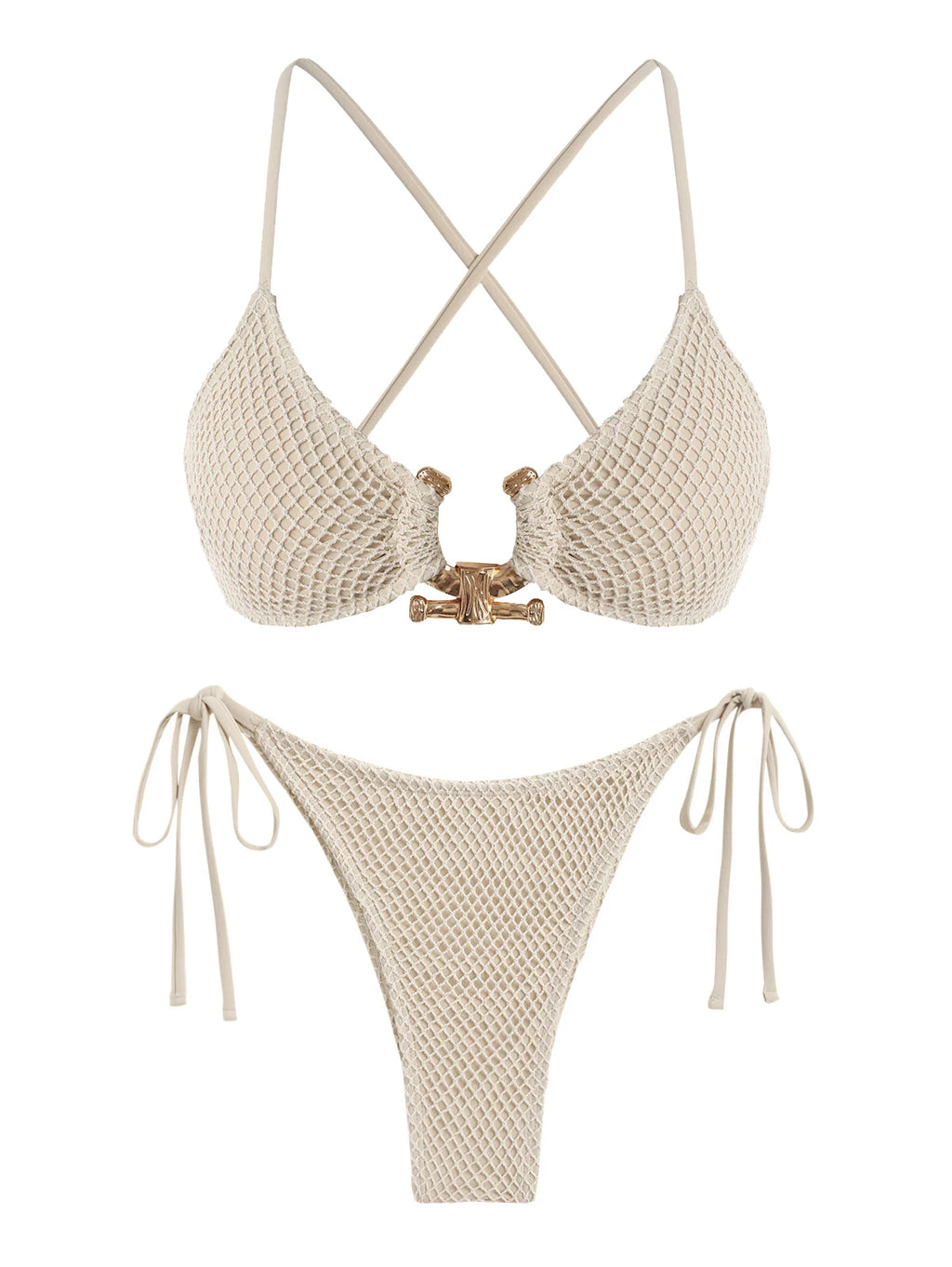 Women's Metal Ring Decor Textured Criss Cross Back Tied Side Tanga Bikini Set Two Piece Swimwear - Deep Green L