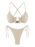 Women's Metal Ring Decor Textured Criss Cross Back Tied Side Tanga Bikini Set Two Piece Swimwear - Deep Green L