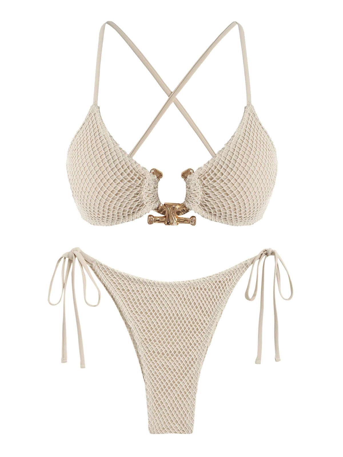 Women's Metal Ring Decor Textured Criss Cross Back Tied Side Tanga Bikini Set Two Piece Swimwear - Deep Green L