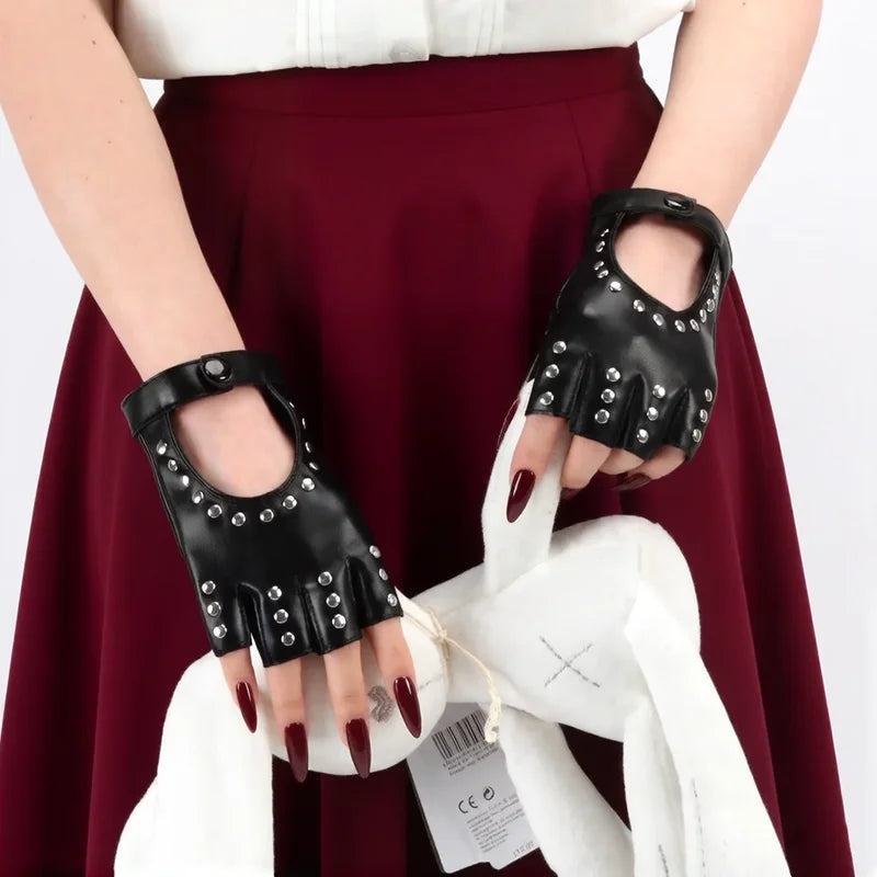 Women Gothic Rivets Finger Less Gloves Wedding Party Breathable Driving Pu Punk Gloves Halloween Night Club Work Cosplay Gloves