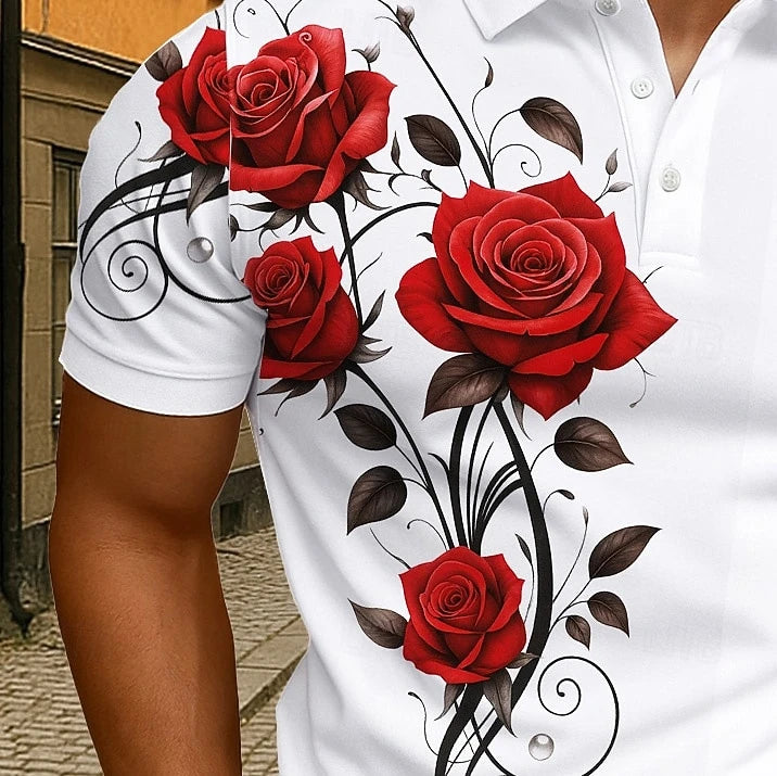 Elegant Red Rose Floral Polo Shirt For Men 3D Print Vine Pattern Short Sleeve Turn Down Collar Casual Business Golf Shirt