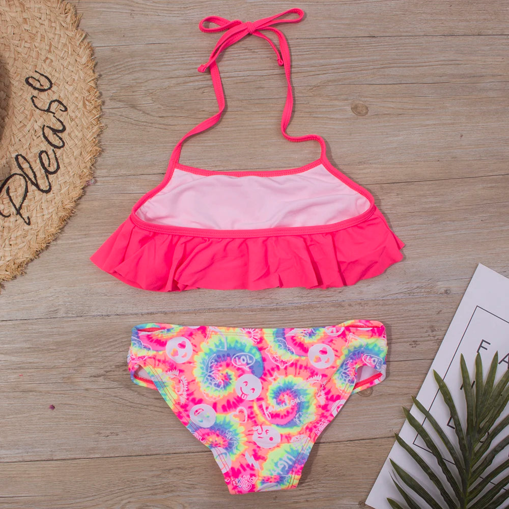 Print Summer Girls Kids Bikinis Set 5-14 Years Ruffle Kids Swimwear Swimsuit Children Bandage Swimming Bathing Suit Beachwear