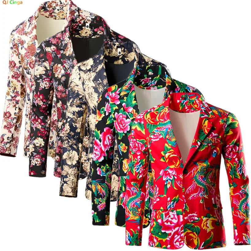 2026 Thin Men's Black Printed Suit Jacket, Asian Size V-Neck Single Button Blazer, Red Nostalgic Style Long Sleeve Cotton Coat.