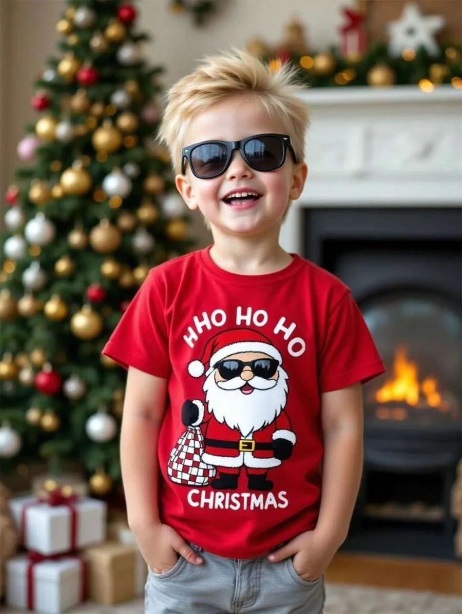 New Boys' T-shirts, Spring and Autumn Children's Colorful Christmas Printed Tops, Baby Base Shirts, Short-sleeved T-shirts