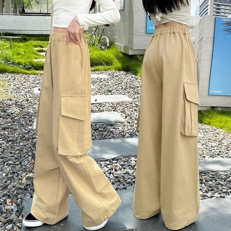 Children Cargo Pants for Girls 2025 Spring Casual Trousers Fashion Cotton Kids Pants Teenagers Sports Pants With Pocket 5-14Y