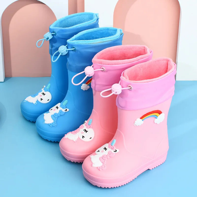 New Kids Rain Boots Boys Girls Rainbow Water Shoes Toddlers Garden Shoes Kids Cartoon Drawstring Non-Slip Rain Boots Comfortable