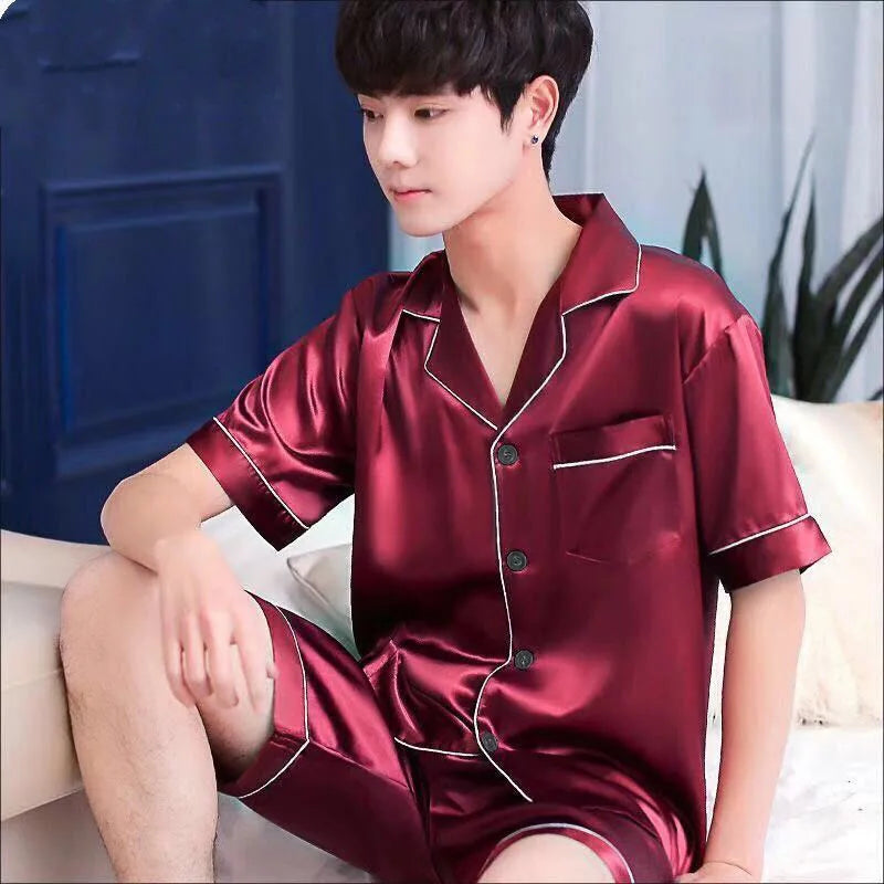 KIDWHXR Man Pajama Set Summer Single-breasted Shirt Male Loose Straight Shorts Men Ice Silk Comfortable 2-piece Sleepwear Outfit