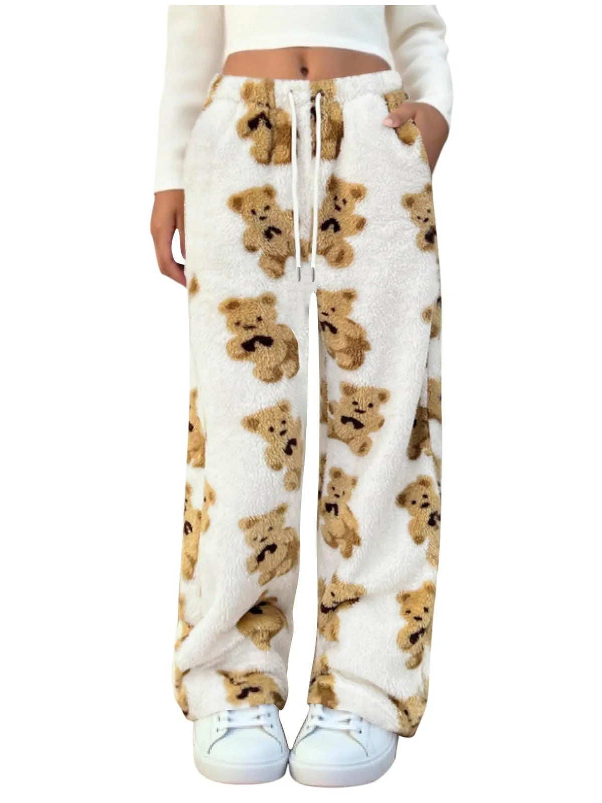 Women Casual Trousers Elastic Waistband Drawstring Tie Pajama Bottoms Leopard Print Wide Leg Lounge Pants