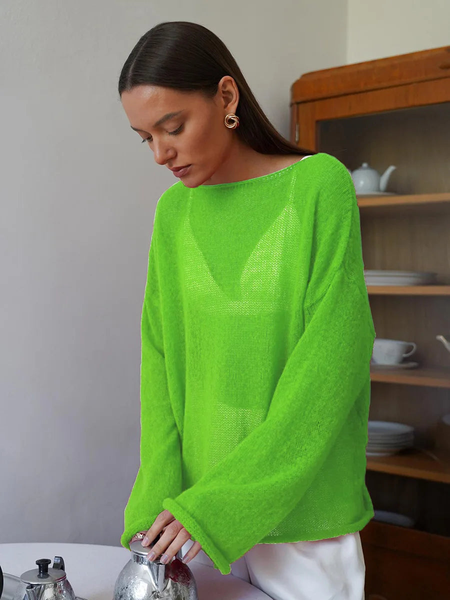 Spring Summer Hollow Knitted Oversized Sweater T Shirt Round Neck Long Sleeves Tops Loose Elegant Pullover for Women Clothing