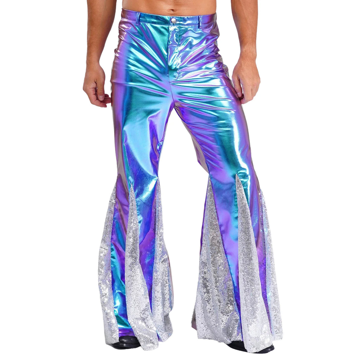 Mens Shiny Metallic 70s Disco Flared Pants Hippie Vintage Hip Hop Carnival Performance Costume Sequins Bell Bottoms Trousers