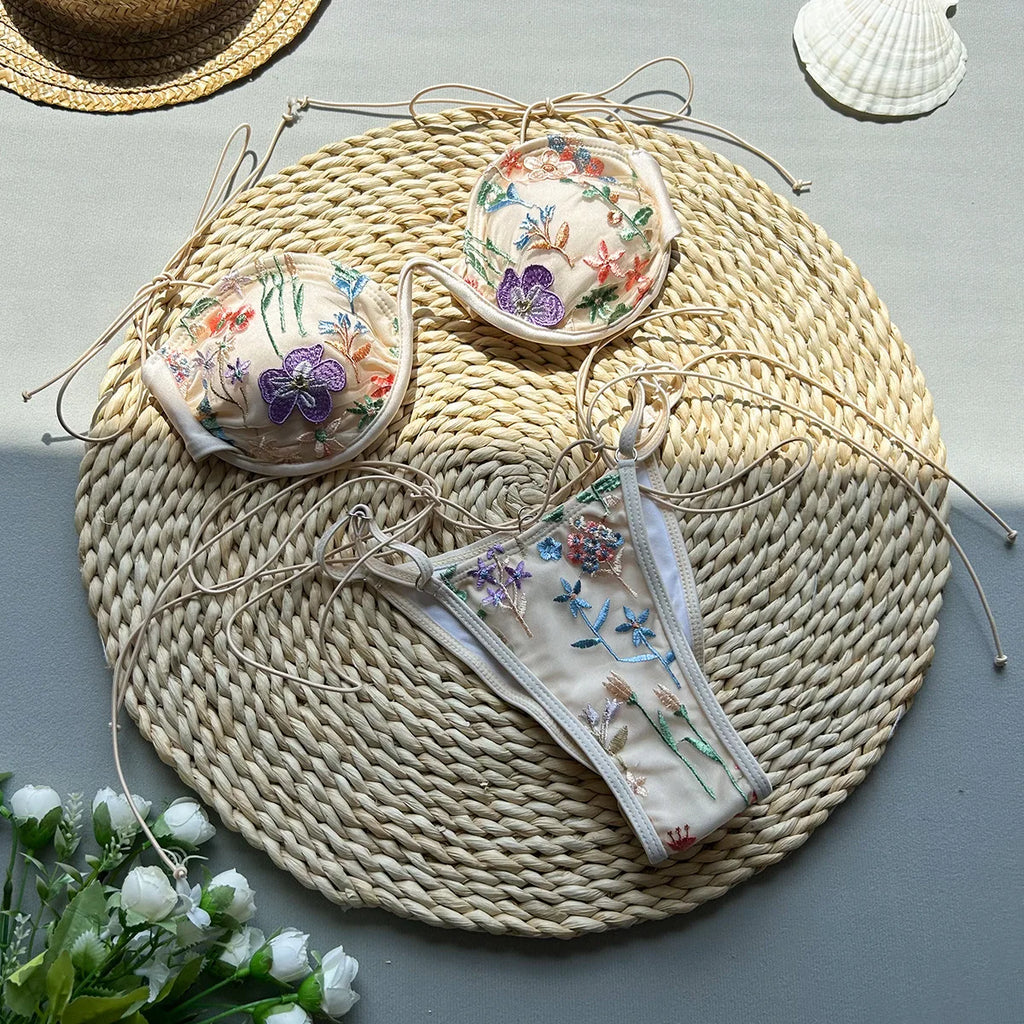 Embroidery Biquini Women Swimsuits Female Swimwear 2024 Micro Bikini Set Bathing Suit Swimming Suits Beachwear Push Up Bikinis