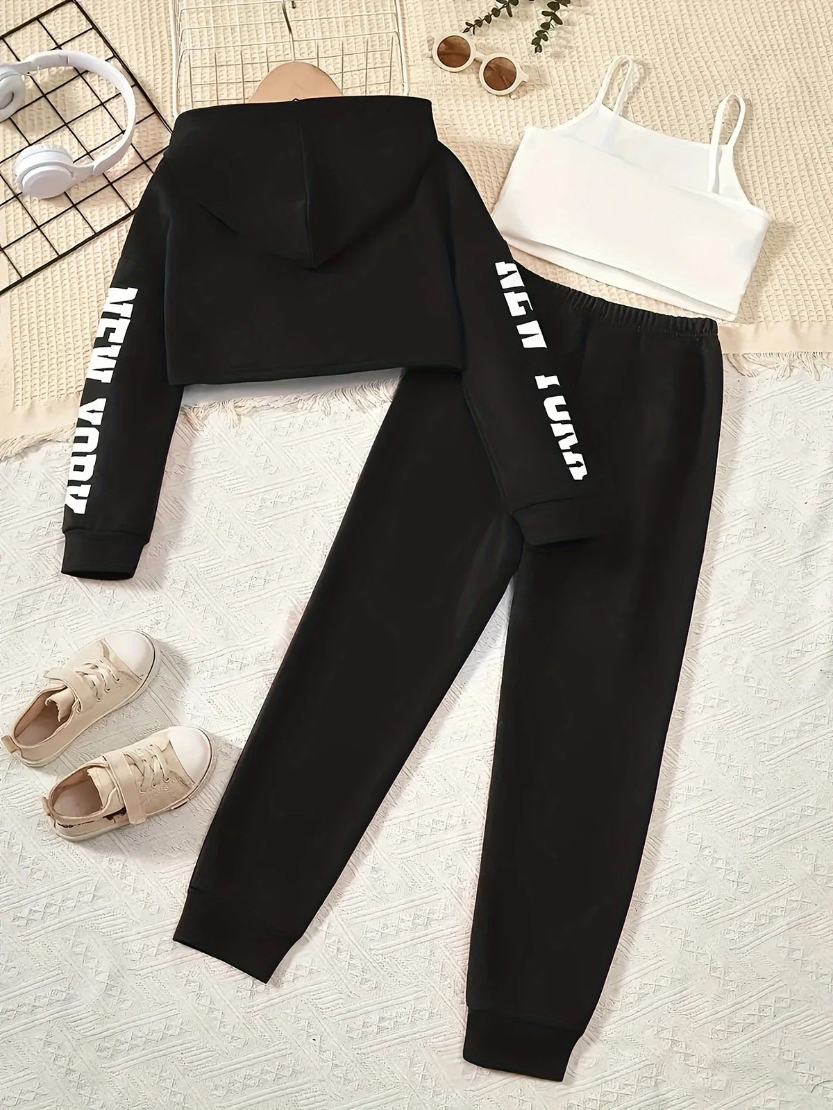 Girls 3-Piece "New York" Outfit - Black Cropped Hoodie, White Cami Top & Jogger Pants Set for Kids