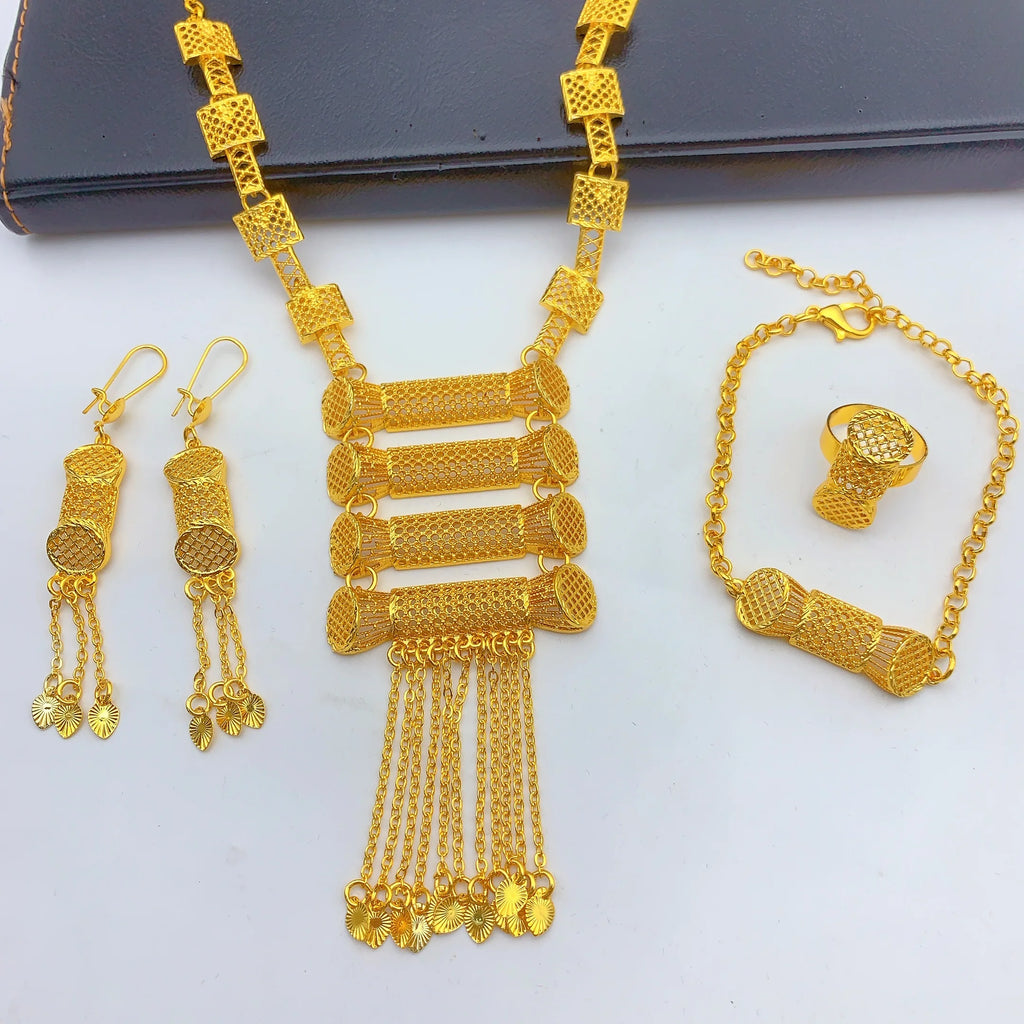Dubai Jewelry Sets for Women Tassel Pendant Necklaces Earrings 4 Pieces Set 24K Gold Color Eritrean Wedding Party Gifts