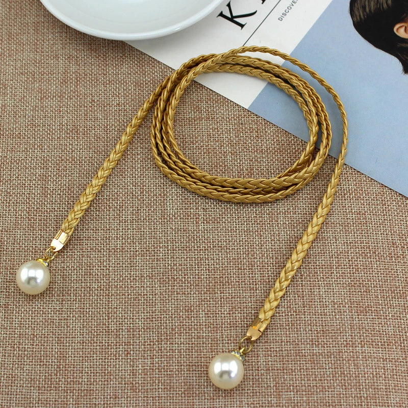 [F] Women Simple PU Leather Belt Boho Tassel Braided Self-Tie Belt Thin Waist Rope Belt
