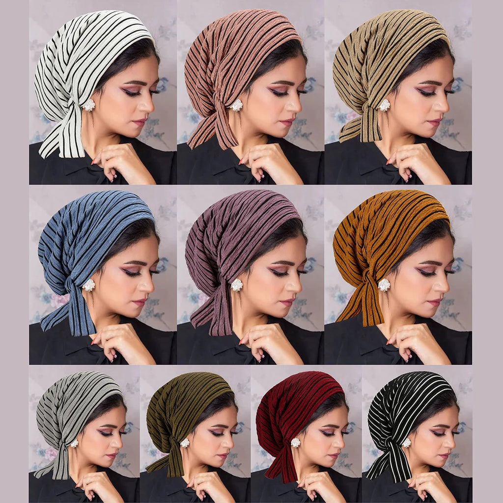Women Hats 2026 New Fahionable Striped Long Tail Bow Headscarf Hat Chemotherapy Hat Wavy Pattern Caps for Ladies Outfits