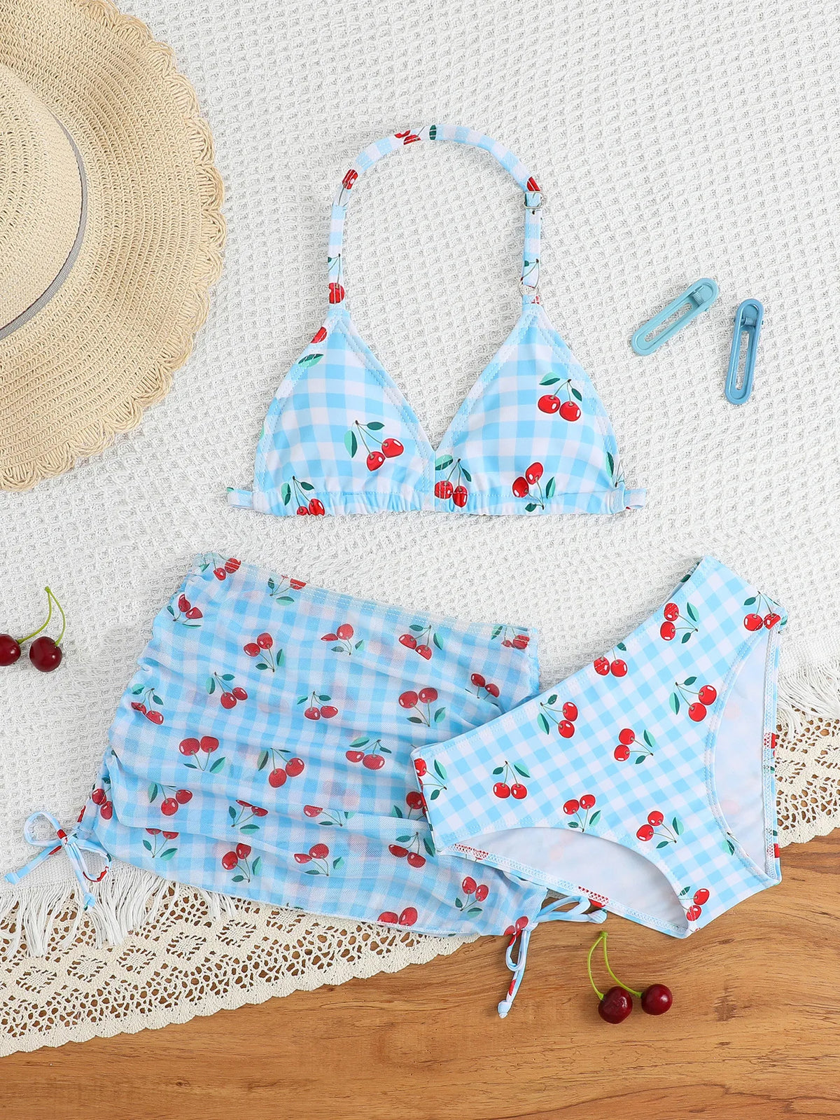 2025New Children's Bikini Swimsuit Cute Girls' Three-Piece Set with Chest Pad for Older Children