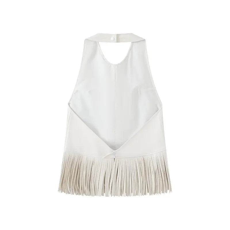 Women Faux Leather Fringe Vest Halter Sleeveless Back Button Sleeveless Waistcoat Western Cowgirl Street Chic Outerwear Tank Top