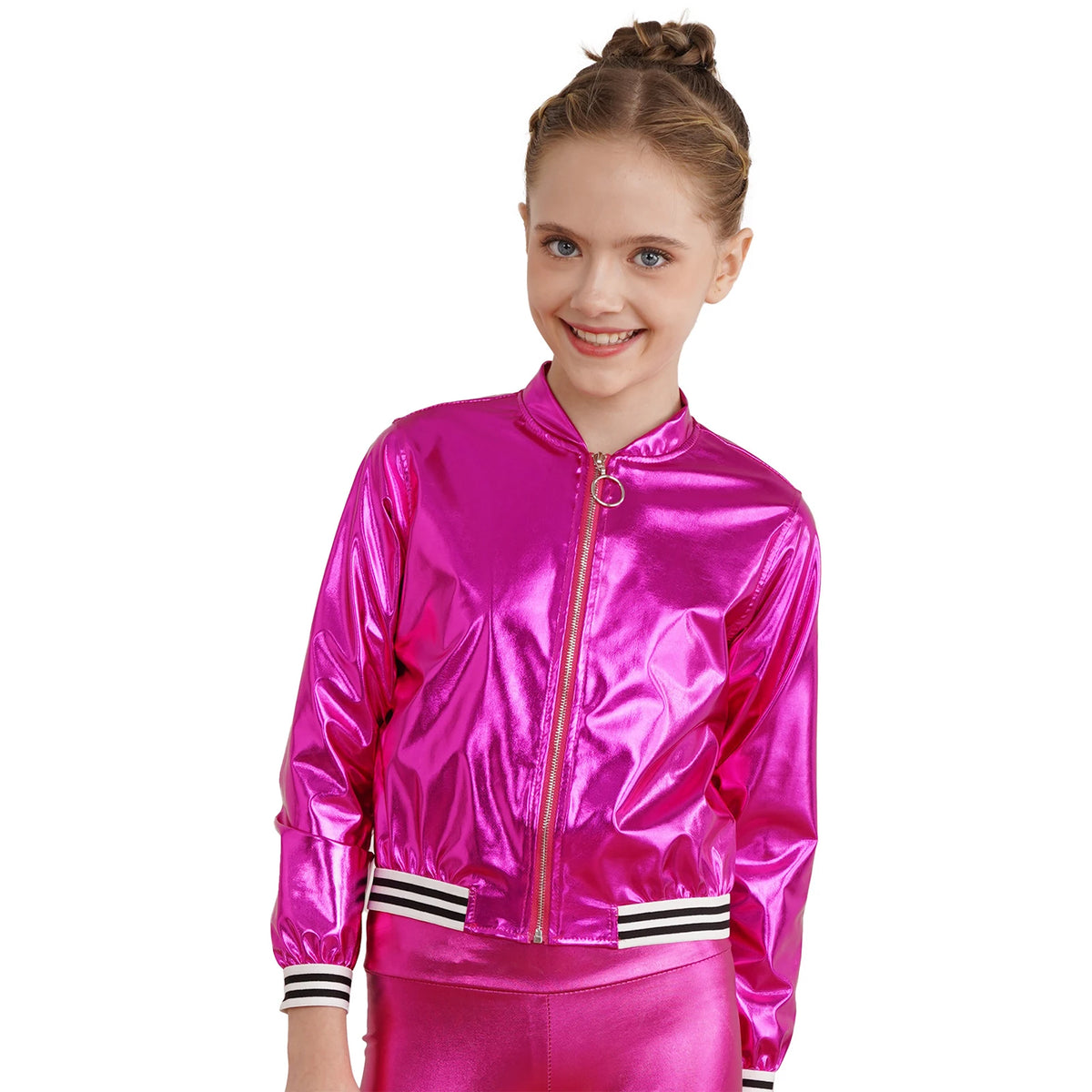 Kids Girls Shiny Sequins Hip Hop Jazz Dance Jacket Long Sleeve Zipper Bomber Coat Outerwear Disco Stage Performance Streetwear