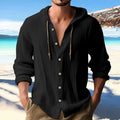 Men's Solid Linen Long Sleeve Hooded Shirt Casual Streetwear Button Top Loose Fit Cardigan Clothing for Men