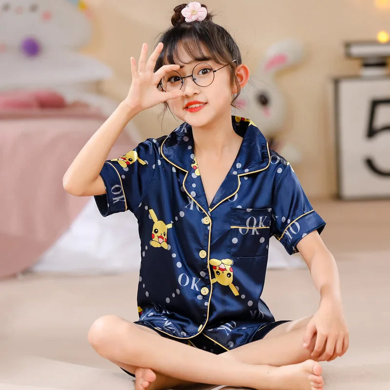 Anime 2Pcs Pikachu Boys Children Pajama Set Cartoon Girls Summer Thin Version Ice Silk Lapel Short Sleeve T-Shirt Shorts Pijamas