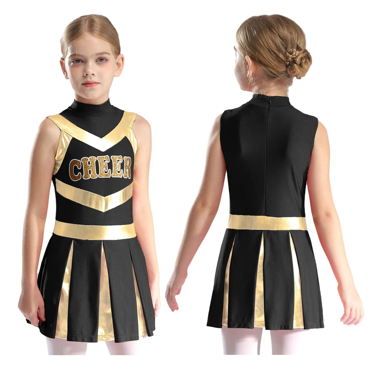 Kids Girl Cheerleading Dance Performance Costume Sleeveless Leotard Dress for School Show Sports Meeting Halloween Cosplay Party