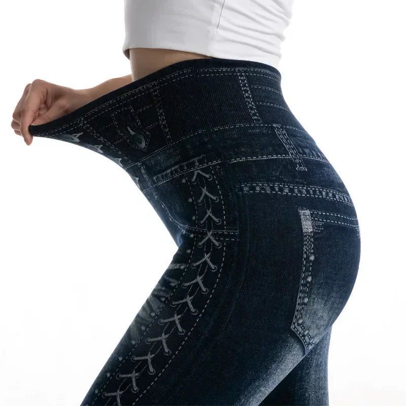 High Waist Faux Denim Jean Leggings Slim Elastic Seamless Skinny Pencil Pant Summer Female Workout Fashion Denim Jeans Leggings