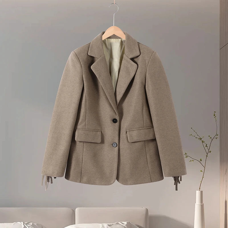 Chic Women's Blazer Turn down Collar Full Sleeve Tassel Solid Female Blazers 2025 Autumn Elegant Fashion High Street Lady Coat