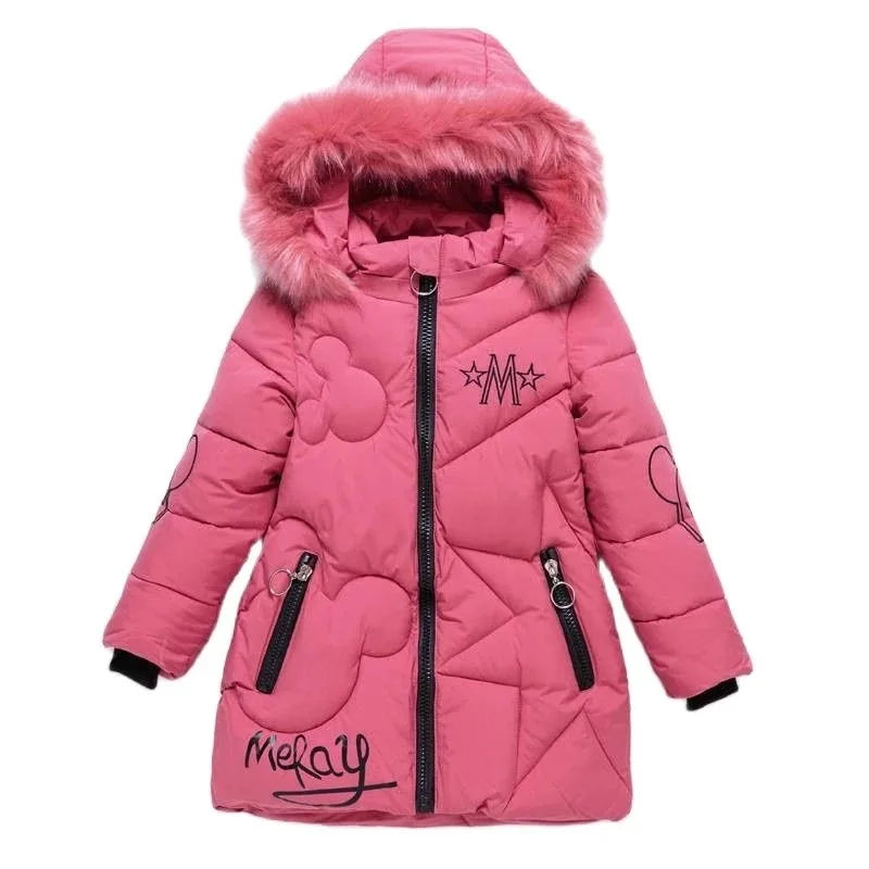 3-12 Years Winter Teen Girls jacket Long Style Letter Decoration Detachable Hat Lined With Velvet Hooded Thick Coat For Kids