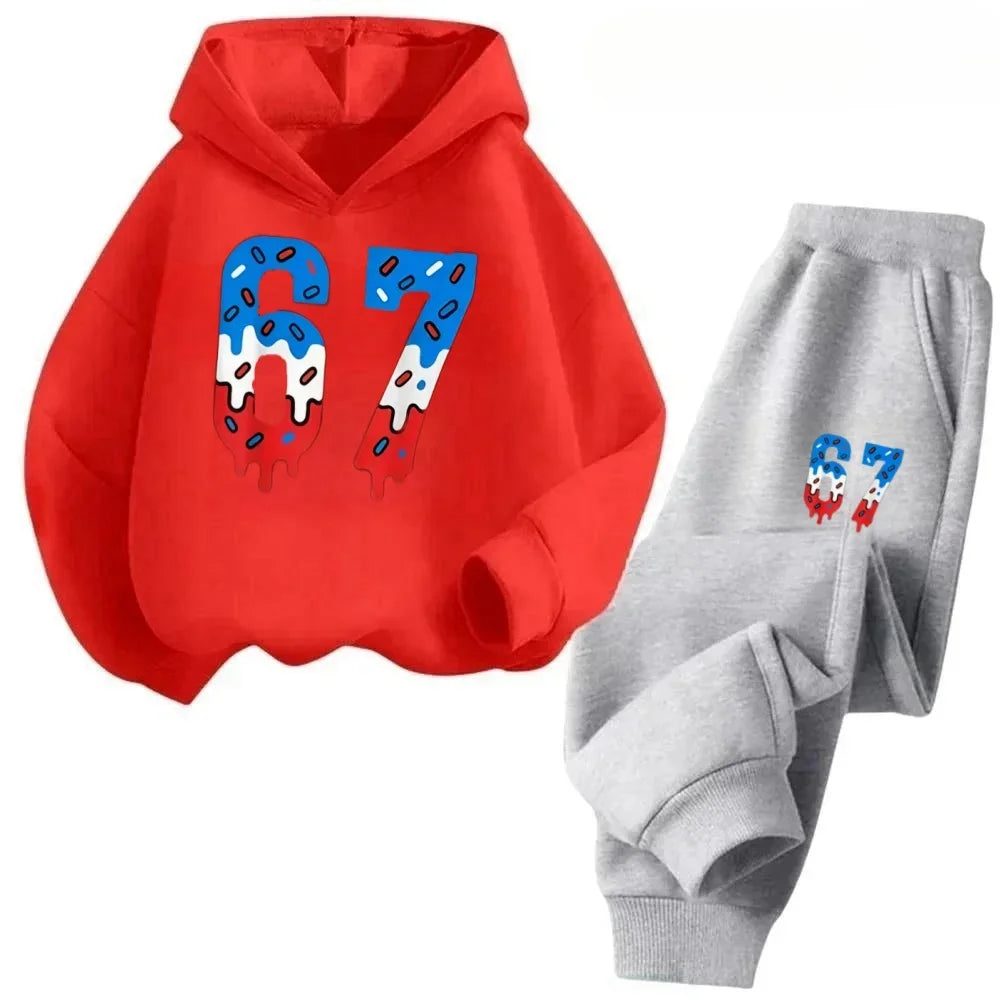 67 Chic Children's Hoodies Set 4-13Y Korean Streetwear Block Tracksuit Fashion Comfortable Kids Sweatshirt 2 Pcs Sets Pant Suit