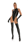 Sexy Women Leather Catsuits With Long Stocking Gloves High Cut Wetlook Latex Bodysuit Lingerie Set Stage Wear Clubwear Overalls