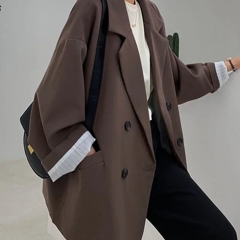New 2025 Vintage Loose Women Solid Blazer Autumn Chic Double Breasted Female Long Sleeve Suit Jackets Stylish Ladies Blazers