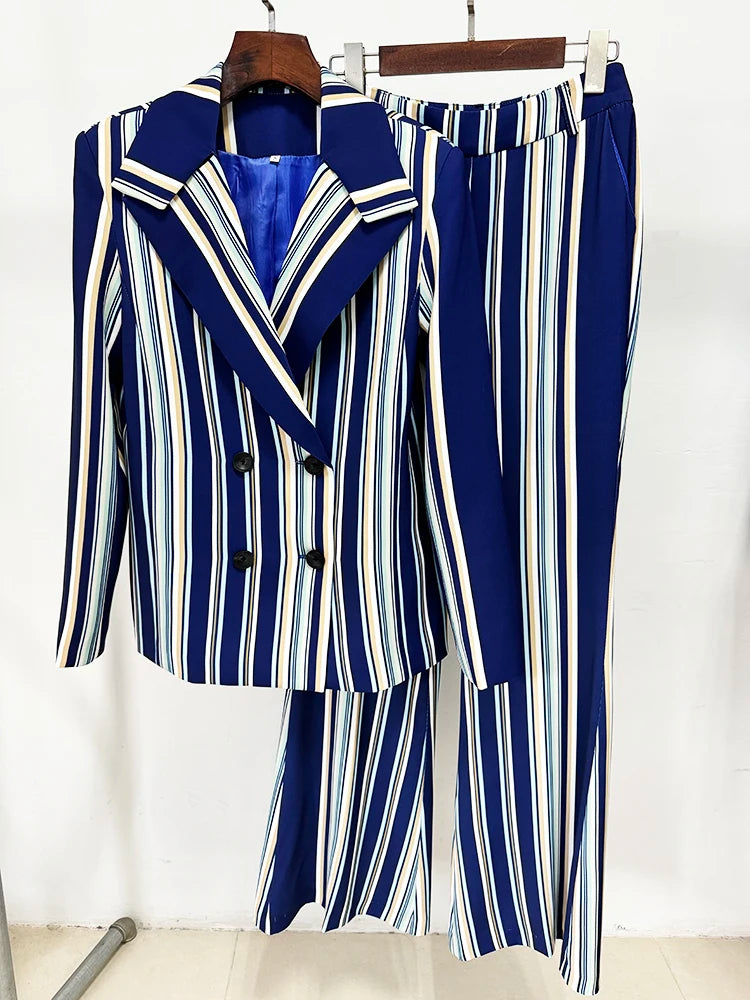 HIGH STREET Newest Fashion 2026 Designer Runway Suit Set Women's Colorful Striped Blazer Jacket Flare Pants Set 2pcs