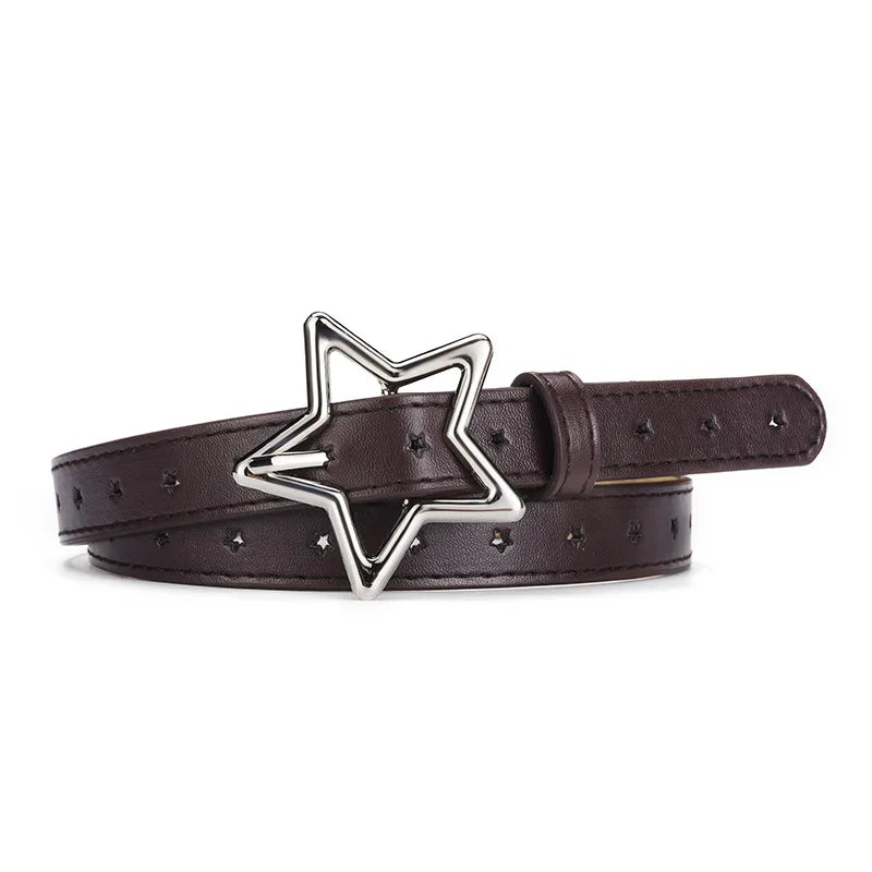 1.8x93cm Children Kids Five-pointed Star Metal Snap PU Leather Belt Girls Boys Silver Buckle Waistband Pants Decor Waist Belt