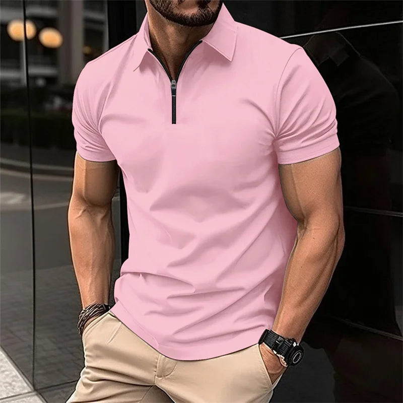 Men's stylish half-zip collar polo shirt, black slim fit short-sleeved top, business casual and versatile, available in 8 colors