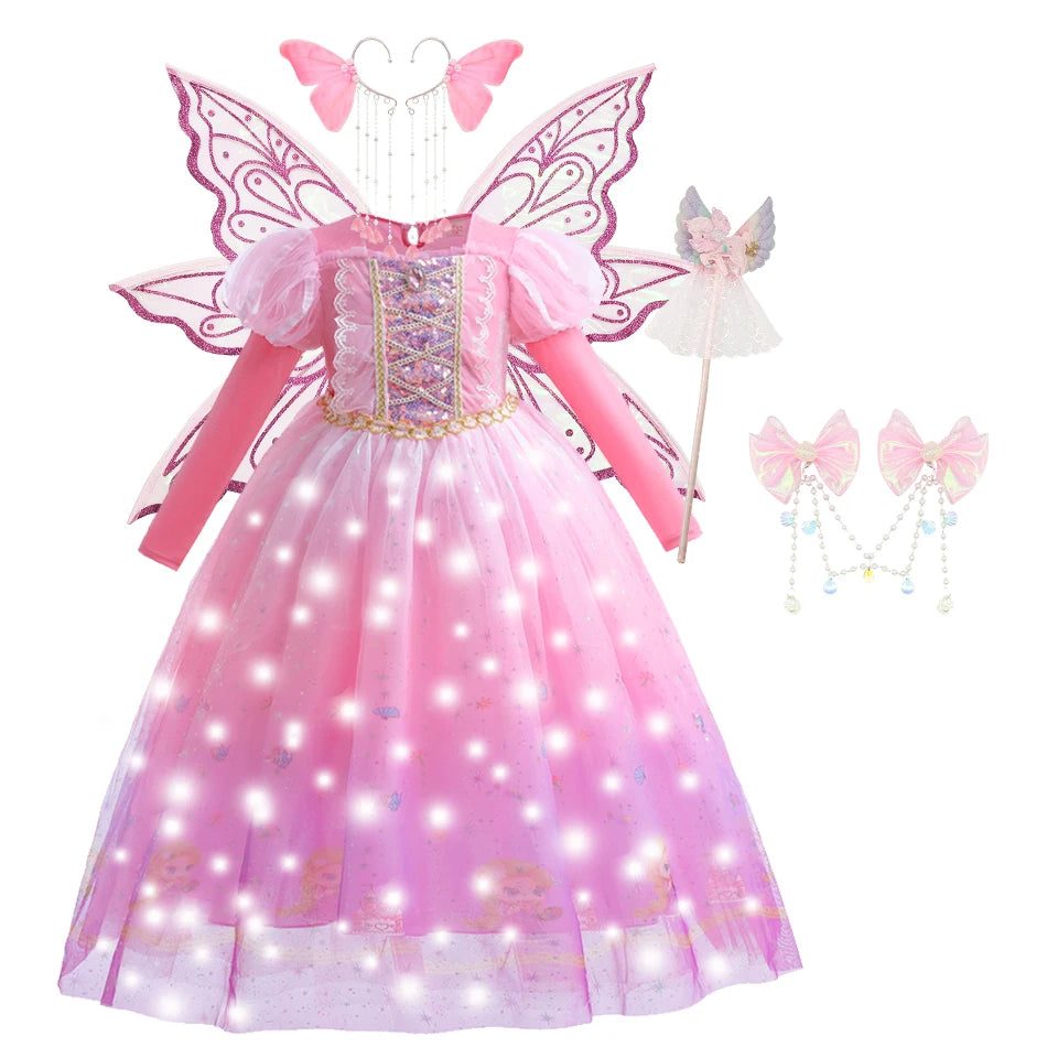 Girls Princess Pink Dress Children Rapunzel Pink Clothing Girls Spring Autumn and Winter Velvet Dress Kids Stage Performs Clothe
