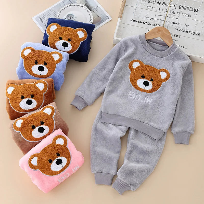 2026 Kids Flannel Pajamas 2Pcs/Sets Thickened Warm Print Baby Homewear Soft Coral Fleece Boys Girls Sleepwear Winter Loungewear