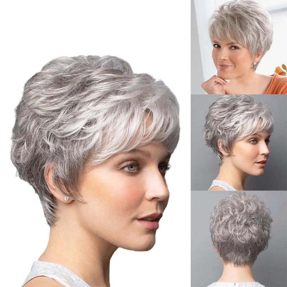 Women Short Natural Wigs with Bangs Soft Mommy Hair Daily Use Short Grey Ombre Curly Synthetic Hair Costume Party Wig