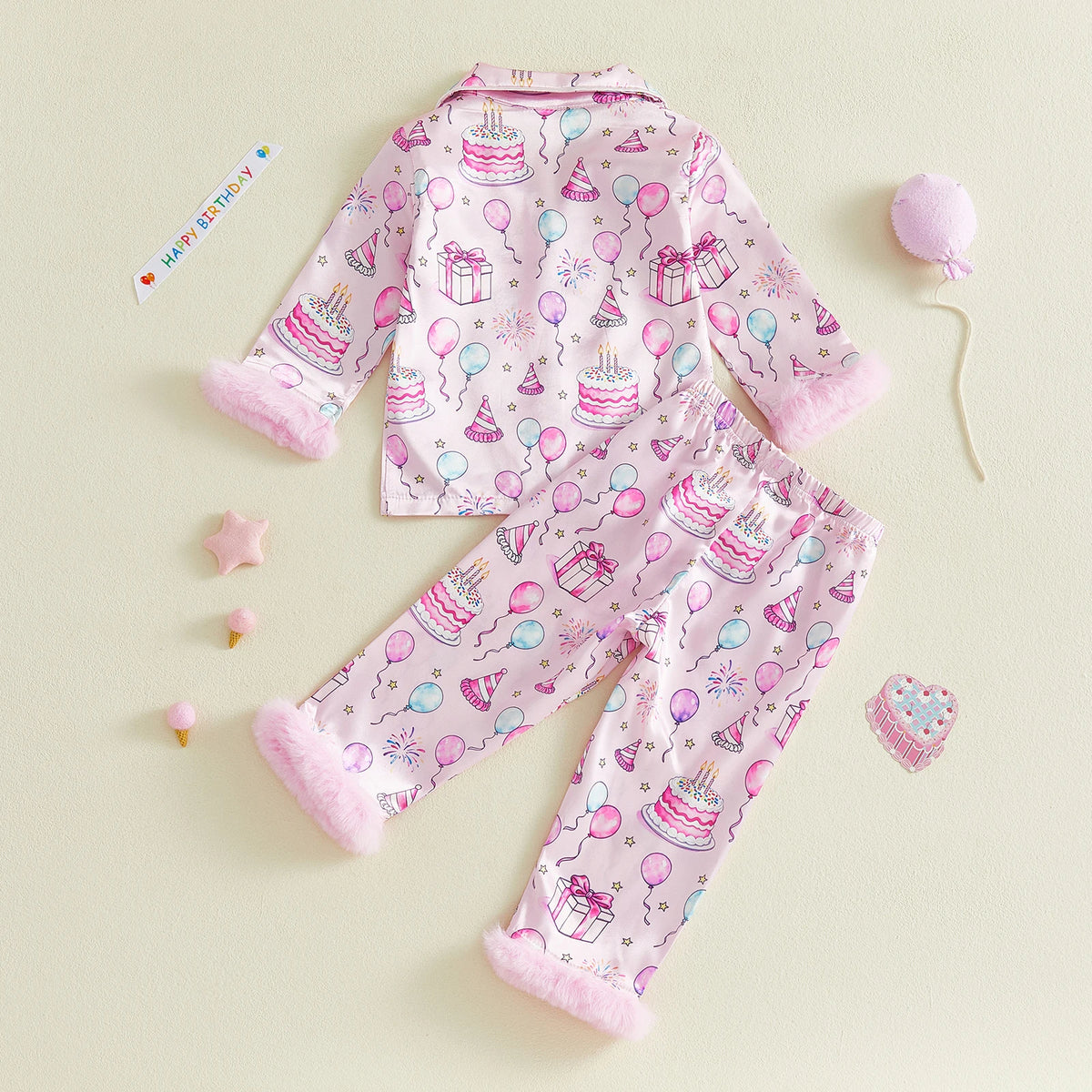 Birthday Toddler Baby Girls Pajama Sets Spring Loungewear Long Sleeve Lapel Button Cake Balloon Print Shirt Pant Sleepwear