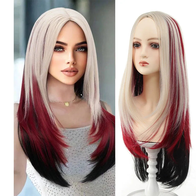 The Woman with a Wig Has a One-Cut Gradient Rainbow-Colored Bob Hairstyle, a Full Head Cover, and Short Collarbone Hair