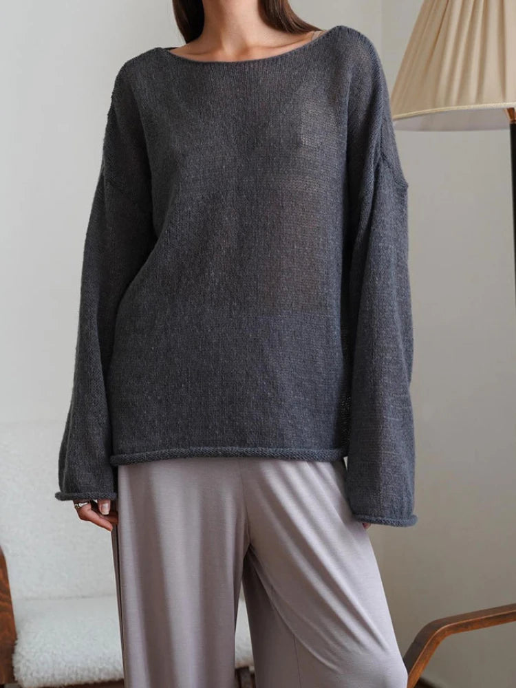 Spring Summer Hollow Knitted Oversized Sweater T Shirt Round Neck Long Sleeves Tops Loose Elegant Pullover for Women Clothing