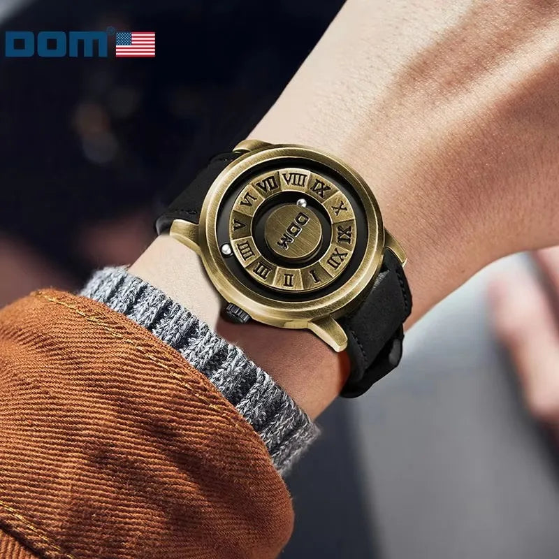 DOM 1345 Men Quartz Watch Black Creative Retro Bronze Scrolling Iron Ball Magnetic Pointer Waterproof Watches for Male Gift