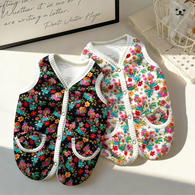 Pet Dog Vest Floral Style Fleece Vest Coat Chihuahua French Bulldog Warm Vest Jacket for Puppy Two-legged Clothing Pet Apparel
