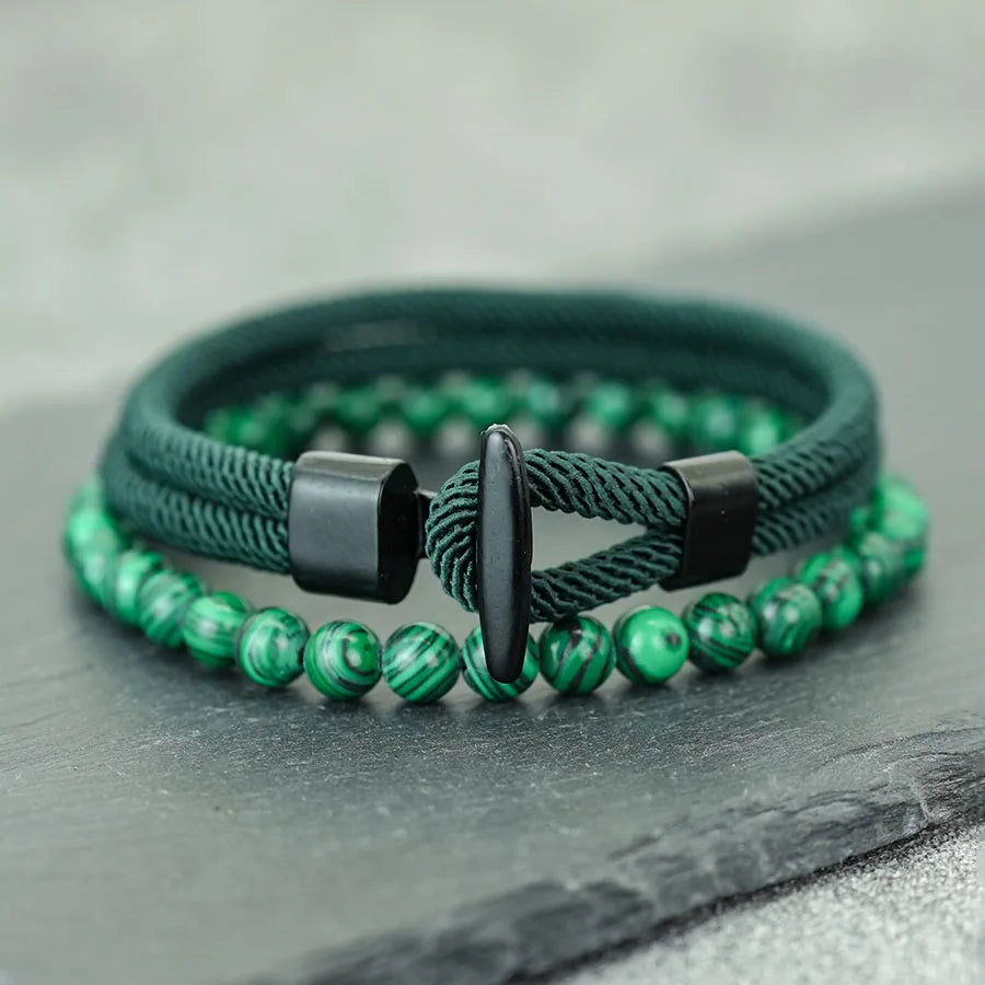 Classic 2Pcs Rope and Beaded Bracelet for Men Handmade Easy Hook Rope Natural Malachite Casual Nautical Jewelry Set Pulseria