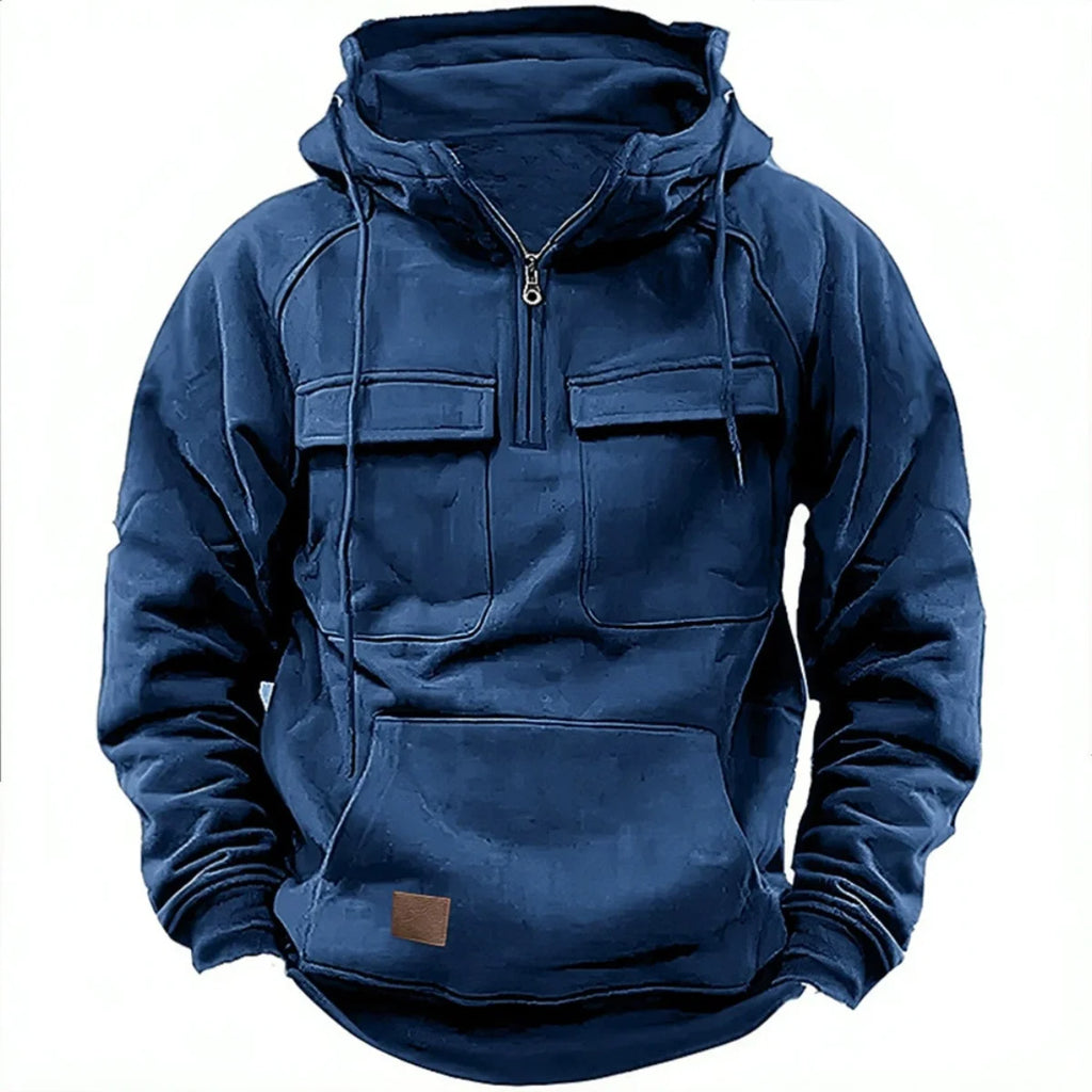Fashionable Youth Men's Hoodie Solid Color Casual Autumn/Winter Pullover with Multi Pockets Patch Design