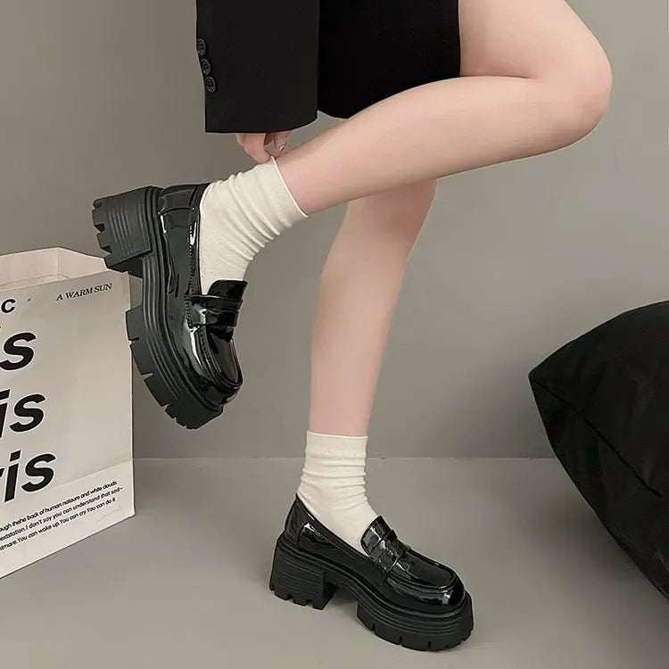 Women's Marry Jane Loafers Shoes Spring Autumn Platform Shoes Slip-on Loafers Fashion PU Leather Shoes Women Flats Black
