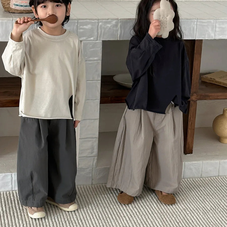 Children Clothes Spring 2026 New Solid-color Cotton Straight-leg Pants Boys and Girls Loose Solid Color Kids Wide-leg Pants